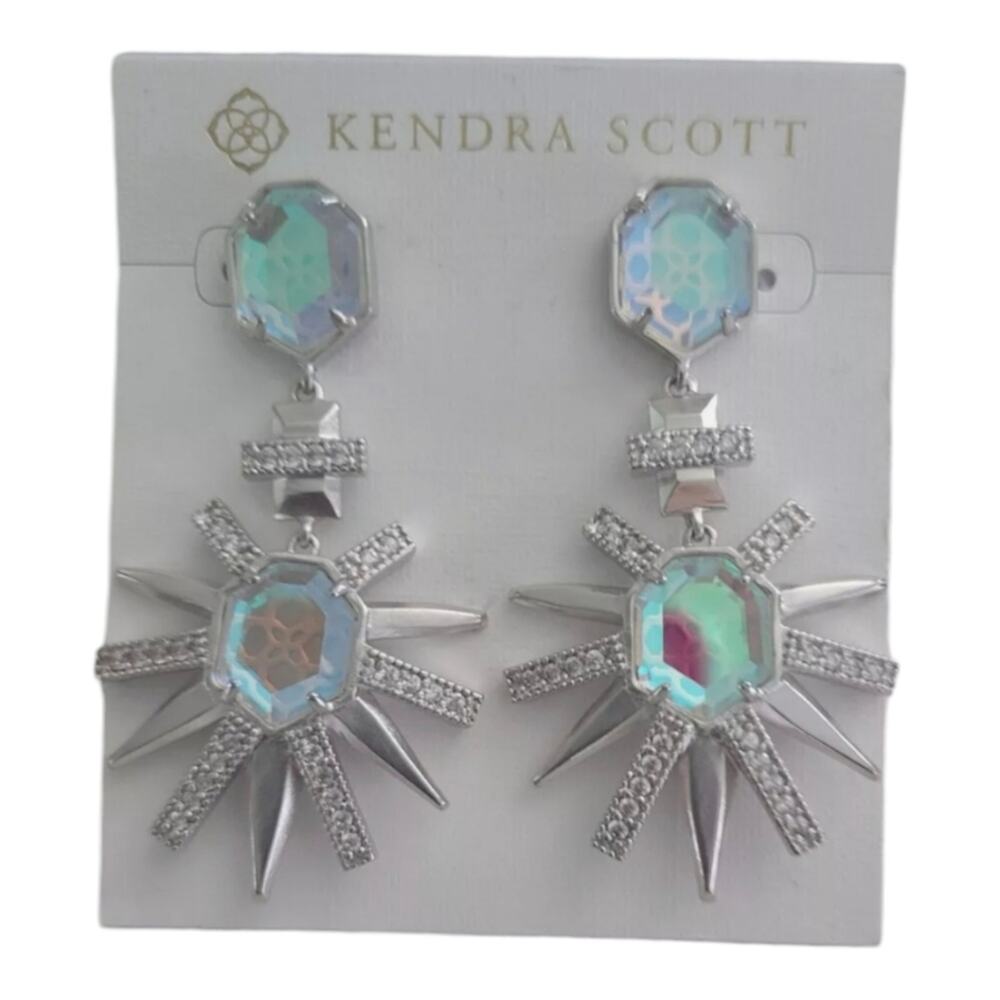 Kendra Scott Allie Statement Drop Earrings Silver Dichroic Glass New!!